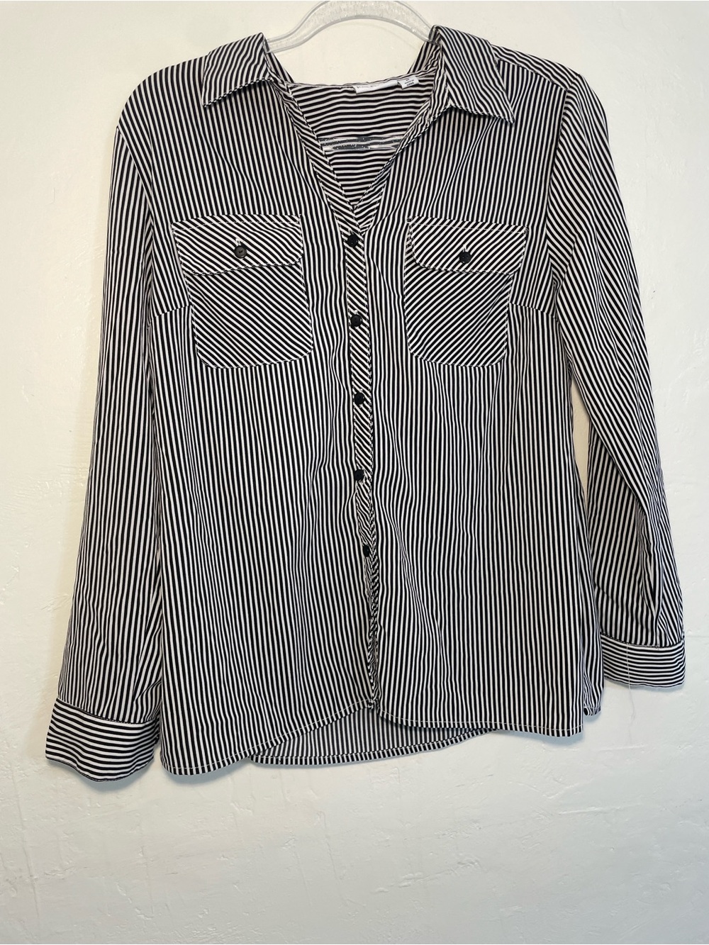 Kim Rogers Black and White Striped Button-Up Blouse